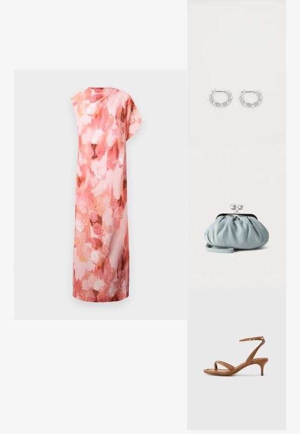 Robe maxi florale dans des teintes douces de rose et de pêche, arborant un motif aquarelle abstrait, des manches courtes et une silhouette décontractée.; Sandale en cuir marron avec lanières, talon bas en forme de petit escarpin et bride à la cheville avec une petite boucle, vue de côté sur un fond uni.; Petit porte-monnaie en cuir bleu clair avec fermoir métallique argenté de type kiss-lock et court bracelet de poignet sur fond uni.; Boucles d'oreilles en argent en forme de créoles avec des accents de perles et de cristaux, présentant une surface texturée et une fermeture à tige sécurisée.