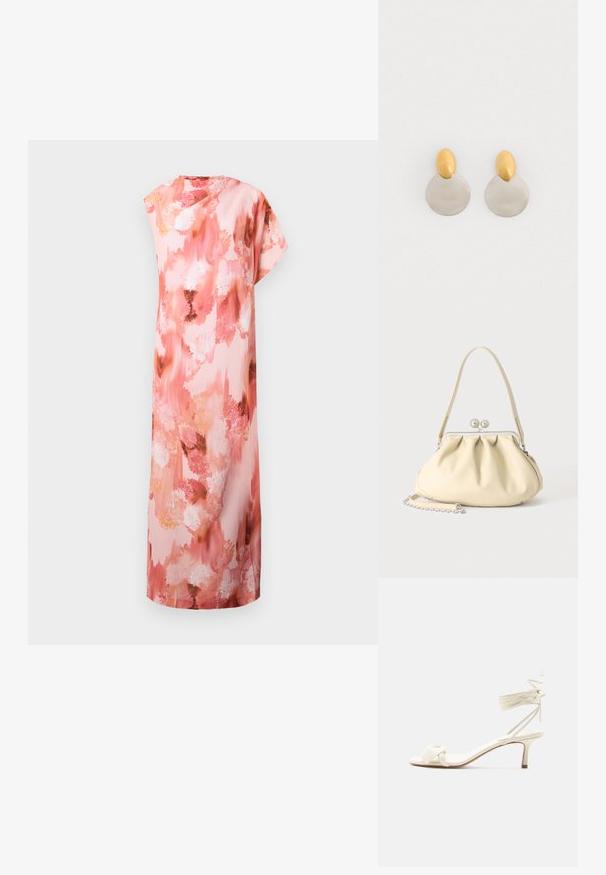 Robe maxi florale dans des teintes douces de rose et de pêche, arborant un motif aquarelle abstrait, des manches courtes et une silhouette décontractée.; Sandale à talon bas de couleur crème avec des liens à nouer autour de la cheville et une large bride torsadée sur les orteils, sur un fond blanc uni.; Sac à main en cuir souple couleur crème avec un design froncé, fermoir cadre argenté, poignée courte et bandoulière chaîne amovible.; Boucles d'oreilles en métal doré et argenté avec une base en disque rond et une pièce supérieure ovale, texture lisse et finition polie.