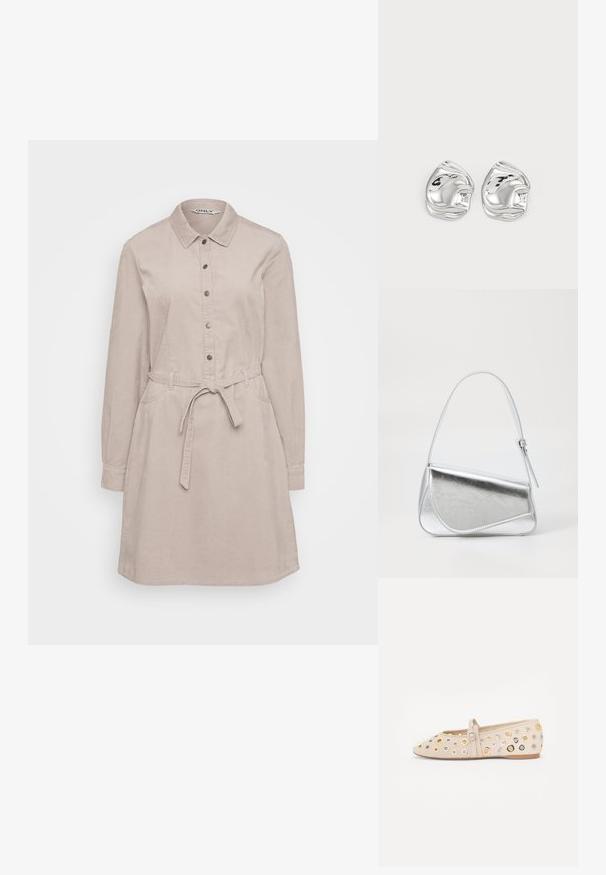 Robe chemise en velours côtelé beige avec manches longues, fermeture à boutons, col, poches latérales et une ceinture à nouer à la taille pour un ajustement réglable.; Ballerines beiges à bout rond, présentant de multiples découpes circulaires et des accents métalliques en or, argent et bronze. Détail de sangle avec boucle.; Sac à main en métal argenté de forme triangulaire, texture lisse et fine bandoulière réglable. Présente un design rabat avec couture.; Boucles d'oreilles en forme abstraite argentées avec une finition poli, présentant des courbes lisses et des contours subtils. Pas de motifs ou d'accents visibles.