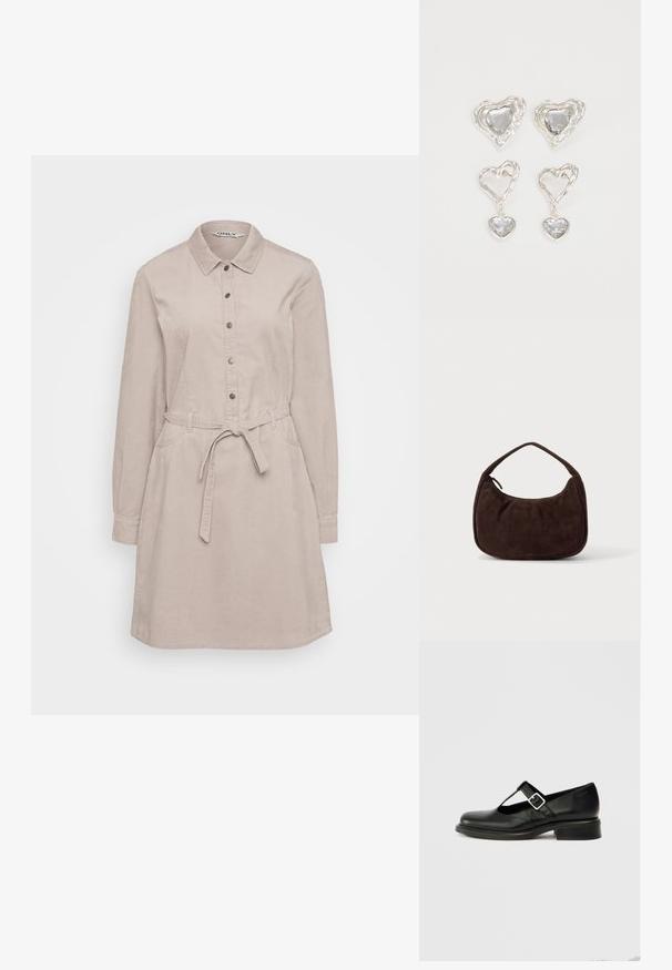 Robe chemise en velours côtelé beige avec manches longues, fermeture à boutons, col, poches latérales et une ceinture à nouer à la taille pour un ajustement réglable.; Chaussure Mary Jane en cuir noir avec un bout rond, un design à bride en T, une boucle réglable et un petit talon empilé. Texture lisse avec peu de détails.; Sac à main en daim marron foncé avec une courte sangle et une forme rectangulaire arrondie sur un fond uni clair.; Des boucles d'oreilles en argent en forme de cœur présentent des pierres claires facettées, avec un cadre texturé. L'ensemble comprend des styles à clou et des styles pendants.