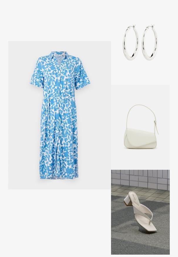 Vestido de camisa de manga corta en un patrón floral azul y blanco, con cierre de botones, cuello, cinturón en la cintura y dobladillo a la altura de la rodilla. Textura de tela suave.; Sandalia de tacón beige con punta cuadrada y tiras cruzadas sobre asfalto gris cerca de una pared de azulejos de fondo.; Bolso de mano de imitación cuero blanco con una forma triangular estructurada, correa ajustable única y cierre con solapa acentuada en curva.; Pendientes de aro de plata con un acabado suave y brillante. Forma circular, con un cierre seguro. Diseño sencillo y elegante.