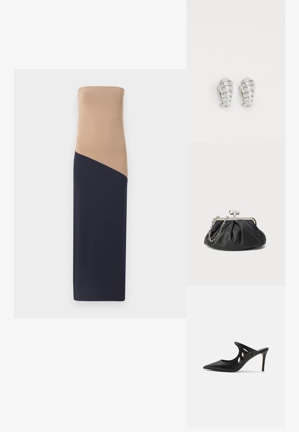 Strapless, tætsiddende kjole med en beige top og en mørkeblå bund, der har en diagonal sømdetalje, lavet af et glat, strækbart stof.; Sorte læder højhælede mules med spids tå, udskåret sideskærm og glat tekstur. Stiletthæl og subtil syning.; Sort læder clutch med samlet tekstur, sølvfarvet metalramme, kys-lås lukning og kædestrop. Glat, blød overflade.; Sølv clip-on øreringe med spiralmønster, der har en glat metallisk tekstur og runde former. Ingen synlige udsmykninger eller mønstre.