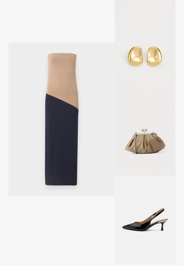 Strapless, tætsiddende kjole med en beige top og en mørkeblå bund, der har en diagonal sømdetalje, lavet af et glat, strækbart stof.; Sort laklæder slingback pumpe med spids tå og lav kitten hæl på en ens hvid baggrund.; Læderclutch i blød beige med afrundet form, plisseret tekstur, sølvfarvet kiss-lock lukning og aftagelig kæderem.; Guldfarvede stud øreringe med en glat, rund form og en reflekterende overflade, der fremhæver et minimalistisk design uden synlige mønstre.