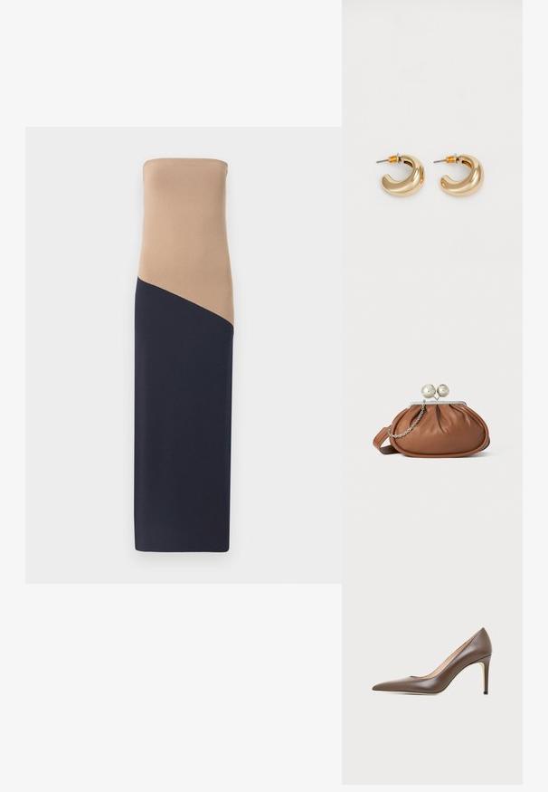Vestido ajustado sin tirantes con parte superior beige y parte inferior azul marino oscuro, que presenta un detalle de costura diagonal, confeccionado en una tela suave y elástica.; Zapato de tacón alto de piel marrón con puntera puntiaguda, tacón de aguja estrecho y acabado suave sobre un fondo claro.; Bolso de mano de cuero marrón con cierre de bola plateada y un pequeño detalle de cadena plateada sobre un fondo blanco.; Dos pendientes de aro dorados brillantes en un diseño curvado, con acentos naranjas cerca del poste, sobre un fondo blanco liso.