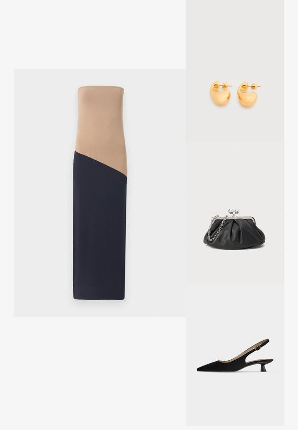 Strapless, tætsiddende kjole med en beige top og en mørkeblå bund, der har en diagonal sømdetalje, lavet af et glat, strækbart stof.; Sort, spids slingback-sko med lav kitten-hæl og guldfarvet spænderem, vist i profil på ensfarvet lyst baggrund.; Sort læder clutch med samlet tekstur, sølvfarvet metalramme, kys-lås lukning og kædestrop. Glat, blød overflade.; Par af små, robuste ørestikker i guldfarvet metal med glatte, buede, abstrakte former på en lys baggrund.