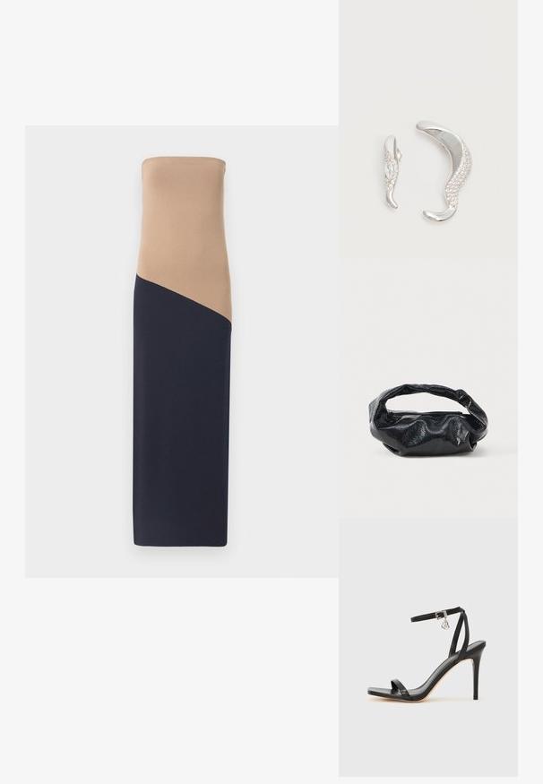 Vestido ajustado sin tirantes con parte superior beige y parte inferior azul marino oscuro, que presenta un detalle de costura diagonal, confeccionado en una tela suave y elástica.; Sandalia de tacón alto negra con una estrecha correa en el tobillo, punta cuadrada, material de cuero liso y detalle de hebilla metálica.; Bolso negro hecho de un material brillante y texturizado con un asa circular retorcida y un cierre de cremallera. Presenta un diseño suave y arrugado.; Dos pendientes de plata curvados, uno más grande que el otro, ambos adornados con pequeños cristales brillantes a lo largo de un borde.