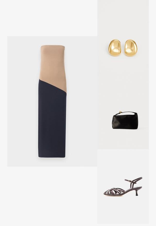 Vestido ajustado sin tirantes con parte superior beige y parte inferior azul marino oscuro, que presenta un detalle de costura diagonal, confeccionado en una tela suave y elástica.; Sandalia de tacón bajo tipo gatito de cuero marrón oscuro con tiras y hebilla ajustable en el tobillo, sobre fondo blanco.; Bolsa de terciopelo negro con forma redondeada, un asa superior y un cierre de acento dorado. Textura suave con un diseño minimalista.; Pendientes de studs en color dorado con una forma suave y redondeada y una superficie reflectante, que exhiben un diseño minimalista y sin patrones visibles.