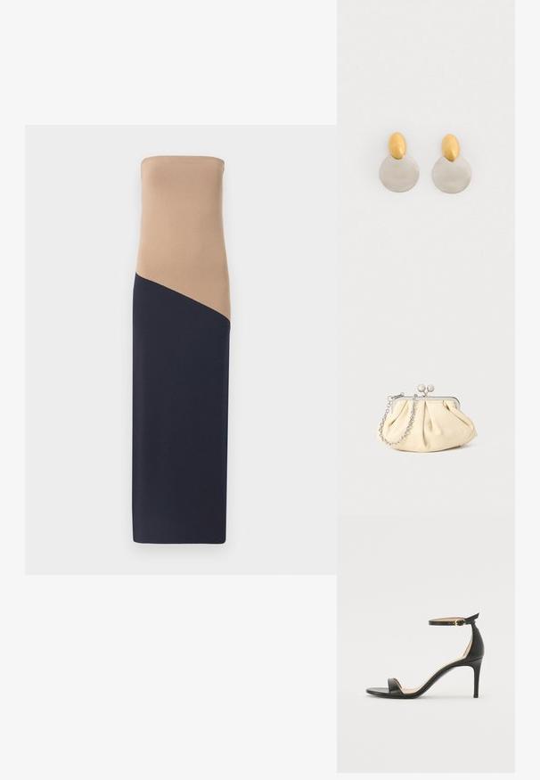 Strapless, tætsiddende kjole med en beige top og en mørkeblå bund, der har en diagonal sømdetalje, lavet af et glat, strækbart stof.; Sort læder højhælede sandaler med ankelrem. Har en glat tekstur, åben tå og en tynd hæl. Guldtonet spænde detalje.; Plisseret beige læderclutch med en sølvmetalramme, der har to runde dekorative låse og en sølvkædetrasporte.; Guld- og sølvmetalløreringe med en rund skivebund og et ovalt topstykke, glat tekstur og poleret finish.