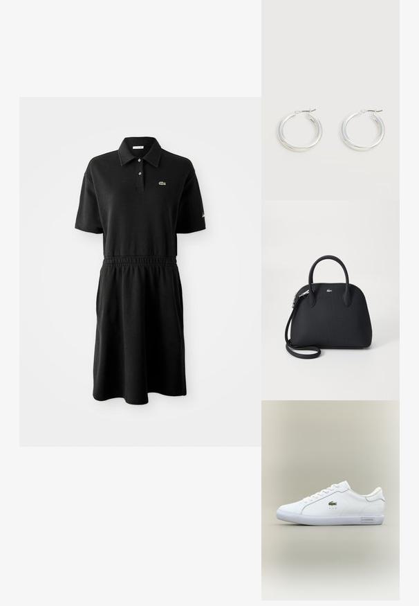 Robe polo noire à manches courtes avec col, deux boutons, ceinture élastique et petit logo croco vert sur la poitrine.; Baskets basses blanches avec lacets blancs, logo crocodile vert sur le côté et étiquette "Lacoste" sur la semelle, le tout sur un fond neutre.; Sac à main noir en matériau texturé, doté de deux poignées supérieures et d'une bandoulière amovible, avec un accent logo en argent.; Paire de boucles d'oreilles créoles moyennes argentées brillantes avec de fines attaches métalliques sur un fond clair et neutre.