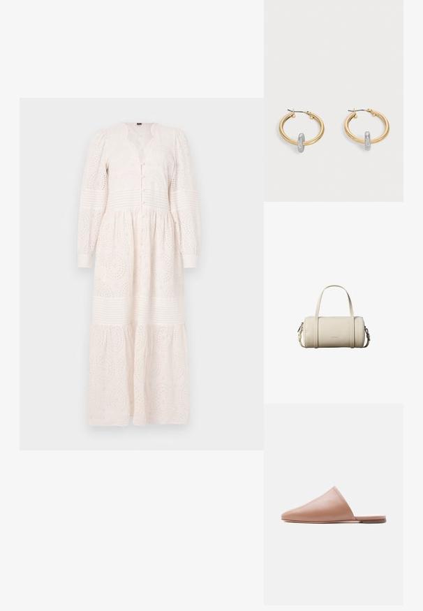 Hvid, langærmet kjole med knaplukning, struktureret materiale med broderede mønstre og en tiered nederdel.; Beige læder mule uden hæl med spids tå og flad sål, vist i sideprofil på en ensartet lys baggrund.; Lille cylindrisk beige læderhåndtaske med to håndtag, en aftagelig skulderrem og Calvin Klein-logo på fronten.; Par guldtonede hoop øreringe med lille sølvfarvet loop-detalje på hver, vist mod lysegrå baggrund.