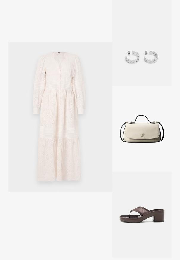 Hvid, langærmet kjole med knaplukning, struktureret materiale med broderede mønstre og en tiered nederdel.; Brun sandal med hæl med mesh-rem og tæst design, med blokhæl og syet sål, vist i profil mod hvid baggrund.; Cremefarvet rektangulær håndtaske med sort rem og håndtag, foran klaplukning samt lille sølvfarvet "cK" logo midt foran.; Sølvøreringe med geometrisk design, der består af sammenlåste rektangulære led, poleret finish og stiftlukning.