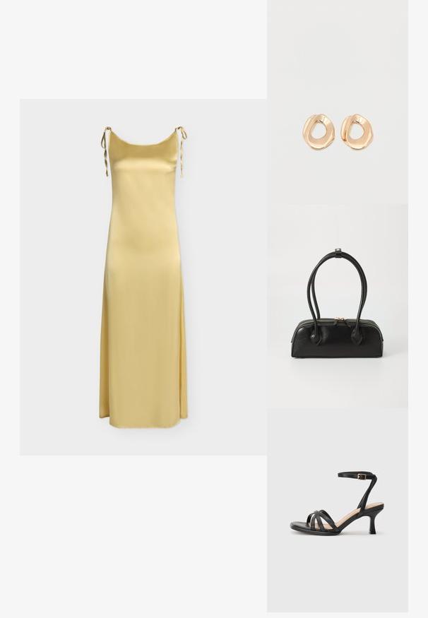 Robe longue sans manches en satin or pâle avec fines bretelles à nouer aux épaules et encolure droite.; Sandales à talons noirs avec plusieurs fines lanières sur le bout, une seule lanière à la cheville avec une boucle dorée, et un bout carré.; Sac à main en cuir noir avec deux anses allongées, fermeture éclair et forme arrondie ; texture lisse avec une finition légèrement brillante.; Paired boucles d'oreilles en métal doré poli de forme irrégulière avec un centre ouvert sur un fond blanc uni.