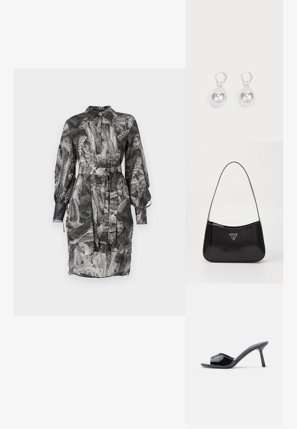 Schwarz-weißer gemusterter Kleid mit einem Kragen-Ausschnitt, langen Ärmeln, Knopfleiste und einem Bindegürtel in der Taille. Durchscheinender Stoff.; Schwarze Sandalen mit Absatz aus Lackleder, offenem Zehenbereich, mit geschwungenem Obermaterial und spitz zulaufendem Stilettoabsatz. Glatte, glänzende Oberfläche.; Schwarze patentierte Leder-Schultertasche mit geschwungener Form, ausgestattet mit einem silbernen Dreieckslogo und einem Reißverschluss. Glatte Textur und schmaler Riemen.; Silberne Tropfenohrringe mit glatten, runden, reflektierenden Oberflächen, die an Hakenverschlüssen hängen. Der Hintergrund ist reinweiß.