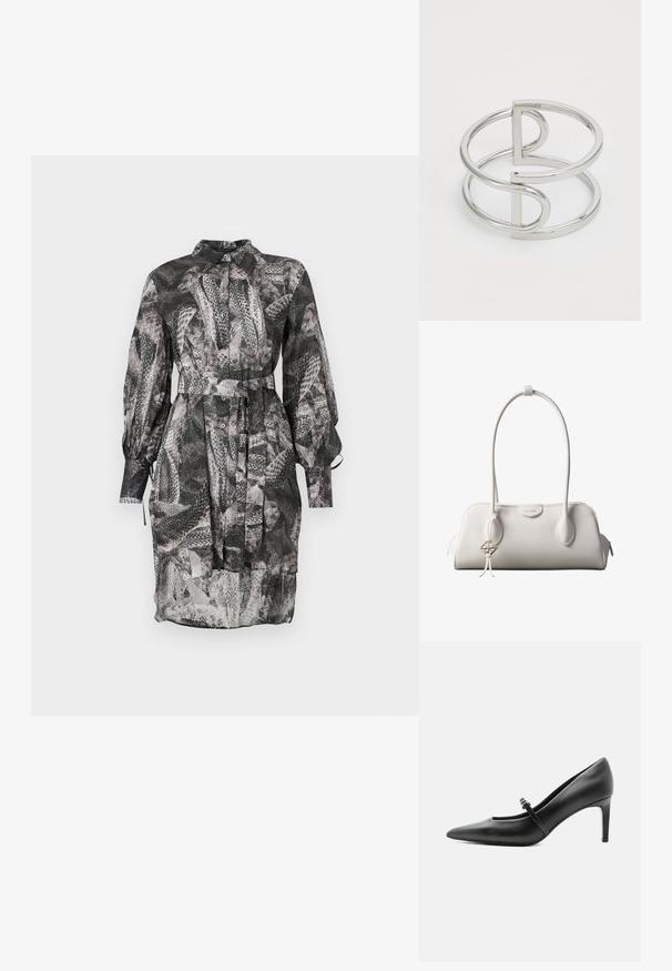 Schwarz-weißer gemusterter Kleid mit einem Kragen-Ausschnitt, langen Ärmeln, Knopfleiste und einem Bindegürtel in der Taille. Durchscheinender Stoff.; Schwarzer Leder-Pumps mit spitzer Zehenpartie, dünnem Riemen und Schnalle über dem Spann, stehend auf hellem neutralem Hintergrund.; Weiße Calvin Klein Schultertasche mit langen Griffen, rechteckiger Form, Reißverschluss und dekorativem Logo-Anhänger, der in der Nähe des Griffs hängt.; Silberner Metallarmreif mit einem Doppel-Schleifen-Design, glatter, glänzender Oberfläche und einem minimalistischen geometrischen Akzent.