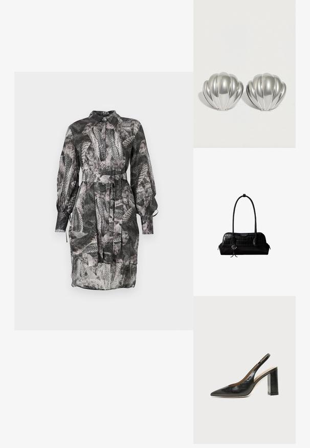 Sort-hvid mønstret kjole med krave, lange ærmer, knaplukning foran og et bindebælte i taljen. Gennemsigtigt materiale.; Sort læder peep-toe slingback sko med høj blokhæl og beige indvendig foring mod en ensfarvet lys baggrund.; Sort skuldertaske i krokodillelæder med lange stropper og lille sølvlogo-charm på den ene strop.; To sølvfarvede kompakte spejle formet som muslingeskaller med ribbede detaljer, placeret side om side på en hvid baggrund.