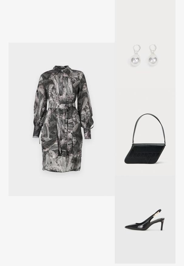 Sort-hvid mønstret kjole med krave, lange ærmer, knaplukning foran og et bindebælte i taljen. Gennemsigtigt materiale.; Sort læder slingback højhælede sko med spidse tæer, glat overflade og en smal ankelrem med guldfarvede hardware detaljer.; Sort skuldertaske i læder med trekantet form, præget logo og en enkelt justerbar rem. Minimalistisk design med glat tekstur.; Sølv dråbeøreringe med glatte, runde, reflekterende overflader hængende fra svingelukkede låse. Baggrunden er helt hvid.