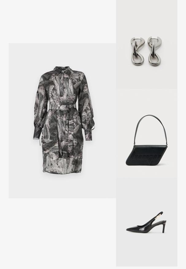 Sort-hvid mønstret kjole med krave, lange ærmer, knaplukning foran og et bindebælte i taljen. Gennemsigtigt materiale.; Sort læder slingback højhælede sko med spidse tæer, glat overflade og en smal ankelrem med guldfarvede hardware detaljer.; Sort skuldertaske i læder med trekantet form, præget logo og en enkelt justerbar rem. Minimalistisk design med glat tekstur.; Par af sølvtonede metale øreringe med abstrakt sammenflettet løbedesign på hvid baggrund.
