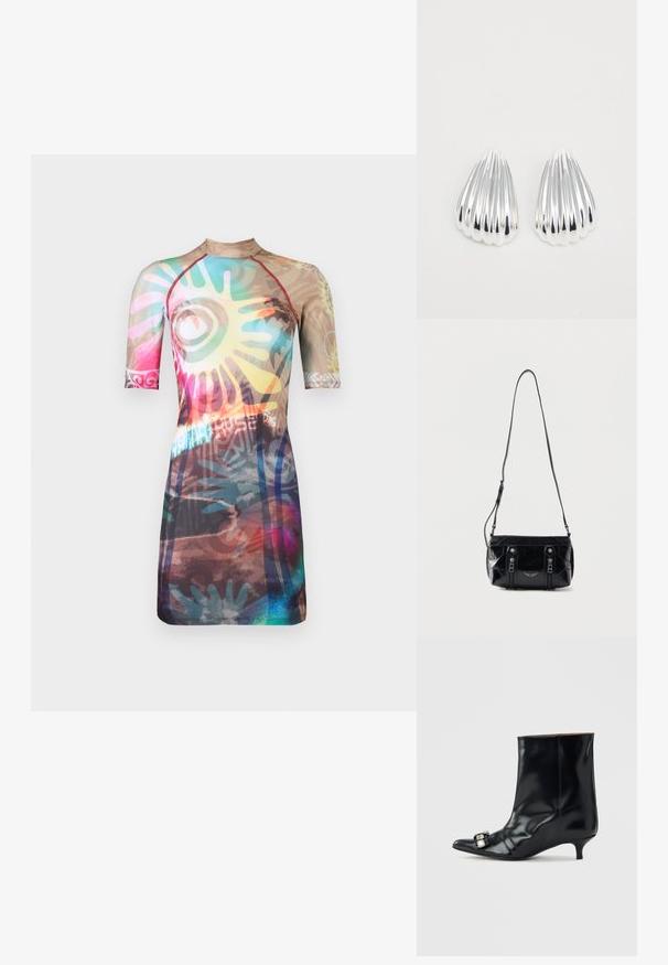 Paolina Russo MINI DRESS - Φόρεμα από ζέρσεϊ - acid borwn; Μαύρο δερμάτινο μποτάκι αστραγάλου με μυτερή μύτη, χαμηλό τακούνι στιλέτο και διακοσμητική ασημένια αγκράφα στο πλάι κοντά στη μύτη.; Μαύρη δερμάτινη τσάντα ώμου με ρυθμιζόμενο ιμάντα, δύο κάθετα φερμουάρ στο μπροστινό μέρος και ένα μικρό μεταλλικό έμβλημα φτερού κάτω από τα φερμουάρ.; Ζευγάρι γυαλιστερών ασημί σκουλαρικιών σε σχήμα ραβδωτής κοχύλι σε λευκό φόντο, που επιδεικνύουν ανακλαστικές και λεία επιφάνειες.