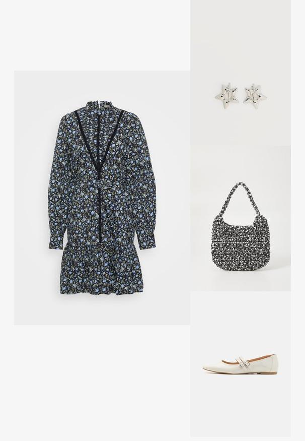 Schwarzes Blumenkleid mit langen Ärmeln, rüschigem Saum und hohem Ausschnitt. Verziert mit blauen Blumen und grünen Akzenten, mit Spitzenverzierungen entlang des Ausschnitts.; Weiße Lacklederschuhe mit spitzem Zehen, zwei dekorativen Riemen mit silbernen Schnallen und einer dezenten braunen Sohle.; Gewebte Handtasche in Schwarz und Weiß mit runder Form, strukturiertem Oberflächenfinish und geflochtener Grifffläche. Geeignet für den lässigen Gebrauch.; Silberne, sternförmige Creolen mit einer glatten, polierten Oberfläche auf weißem, schlichtem Hintergrund.