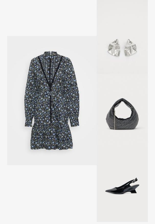 Sort blomstret kjole med lange ærmer, flæset kant og høj halsudskæring. Har blå blomster og grønne detaljer, med blonderkant langs halsudskæringen.; Sort laklæder slingback sko med spids tå og lav vinklet blokhæl på ensartet lys baggrund.; Sort mesh håndtaske prydet med sølvnitter, udstyret med et buet håndtag og en kædetraspe. Blød tekstur med en rund form.; Sølvmetal øreringe med et bølgende, skulpturelt design, der har en poleret overflade og uregelmæssige former, hvilket fremhæver en moderne æstetik.
