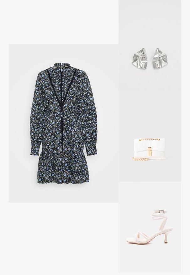 Schwarzes Blumenkleid mit langen Ärmeln, rüschigem Saum und hohem Ausschnitt. Verziert mit blauen Blumen und grünen Akzenten, mit Spitzenverzierungen entlang des Ausschnitts.; Weiße Sandale mit Absatz, vorne mit Riemchen, einem um den Knöchel wickelbaren Riemen mit Schnalle und einem schlanken, mittelhohen Absatz vor schlichtem Hintergrund.; Weiße rechteckige Handtasche mit goldfarbenem Verschluss und goldener Kette auf hellem Hintergrund.; Silberne Metallohrringe mit einem wellenförmigen, skulpturalen Design, das eine polierte Oberfläche und unregelmäßige Formen aufweist, die eine zeitgenössische Ästhetik betonen.