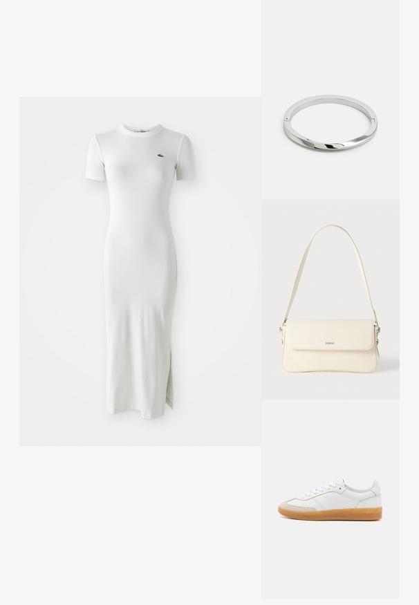 Witte geribbelde midi jurk met korte mouwen, ronde hals en zijsplit. Heeft een klein groen logo op de borst. Gladde, aansluitende textuur.; Witte leren sneaker met beige suède accenten, gumrubberen zool en vetersluiting. Heeft subtiele branding in goud.; Schoudertas van crèmegekleurd leer met een klepafsluiting, zilverkleurige hardware, een enkele verstelbare riem en subtiele logodetails.; Zilveren metalen armband met een gladde, glanzende oppervlakte en platte randen. Heeft een open cirkelontwerp met een subtiele sluiting.