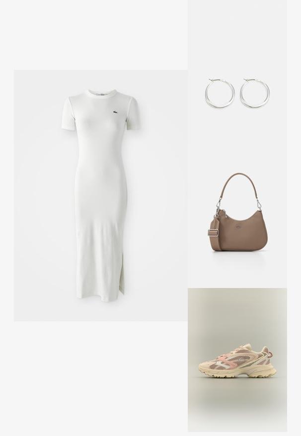 Vestido midi blanco de canalé con mangas cortas, cuello redondo y abertura lateral. Cuenta con un pequeño logo verde en el pecho. Textura suave y ajustada.; Zapatilla de correr con parte superior de malla en tonos rosa, beige y crema, refuerzos sintéticos, suela gruesa y suela texturizada para agarre, vista lateral.; Bolso sintético marrón con un diseño curvado, que cuenta con un asa corta y una correa de hombro desmontable. Detalles en metal plateado y logo.; Los pendientes de aro de plata presentan un diseño suave y redondeado con un perfil delgado y un cierre seguro. Estilo minimalista con un acabado pulido.