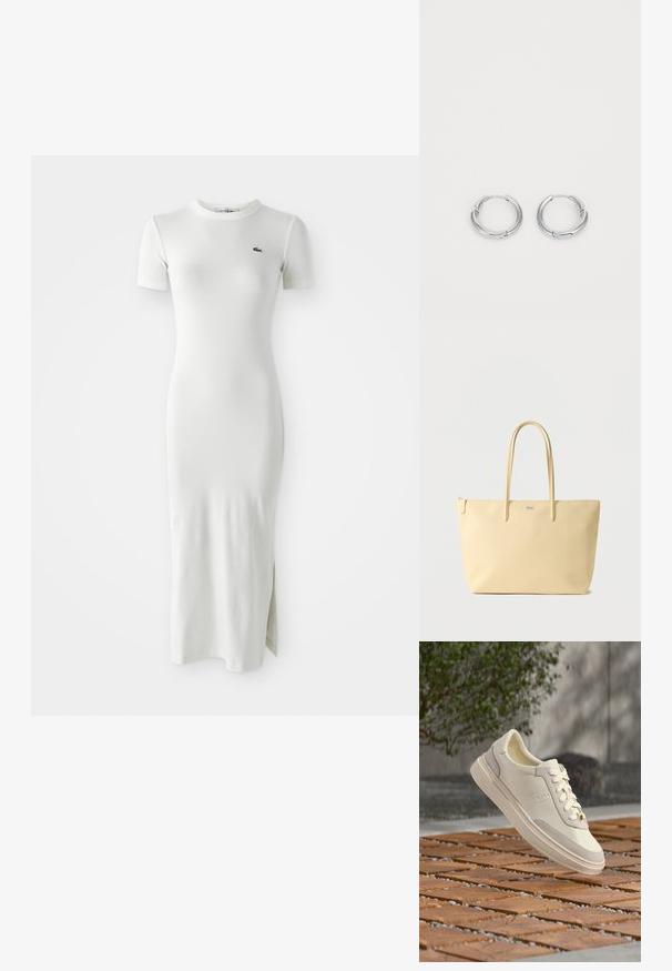 Vestido midi blanco de canalé con mangas cortas, cuello redondo y abertura lateral. Cuenta con un pequeño logo verde en el pecho. Textura suave y ajustada.; Zapatilla blanca BOSS con cordones que flota sobre un suelo de madera y guijarros con patrones, arbusto verde y pared gris de fondo.; Bolso tote beige con asas dobles, cierre de cremallera y un pequeño logo plateado centrado cerca de la parte superior.; Aros de plata en forma de aro con un acabado suave y pulido. Forma circular con un pequeño detalle de broche para el cierre. Diseño minimalista, livianos.