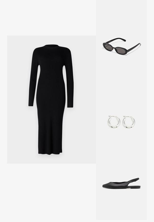 Schwarz geripptes Midikleid mit langen Ärmeln, rundem Halsausschnitt und seitlichem Schlitz. Hergestellt aus strukturiertem Strickstoff, figurbetonte Silhouette.; Schwarzer Leder Slingback-Schuh mit spitzer Zehenform, flachem Absatz und geschwungenem Ausschnitt-Design. Glatte Textur und minimalistischer Stil.; Even&Odd by Zalando Sonnenbrille - black; Silberne Creolen mit glänzender Oberfläche, die eine kreisrunde Form haben und mit einem schwenkbaren Verschluss ausgestattet sind. Glatte Textur mit minimalen Details.