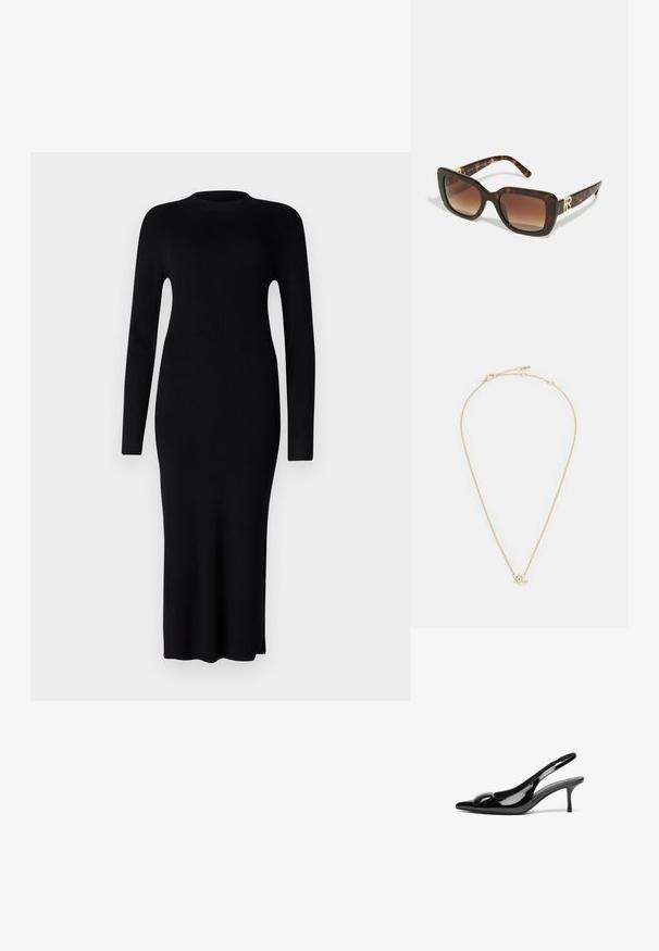 Must have mustriba midi kleit pikkade varrukatega, ümar kaelus ja külgsuul. Valmistatud tekstureeritud kudumkangast, liibuv siluett.; Must ja musta läikiva lakknahast slingback-kontsaga kingad, millel on terav nina ja läikiv viimistlus. Omab saledat kontsa ja ümarat aktsenti jalanõu ülaosas.; Kilpkonnakuju prillid, millel on ruudukujuline disain, gradiendiga pruunid objektiivid ja kuldne metallist detail, millel on logo temple.; Kuldne kaelakee, millel on õrn lingikujundus ja väike, silmapaistev "RL" ripats, loob minimalistliku esteetika.
