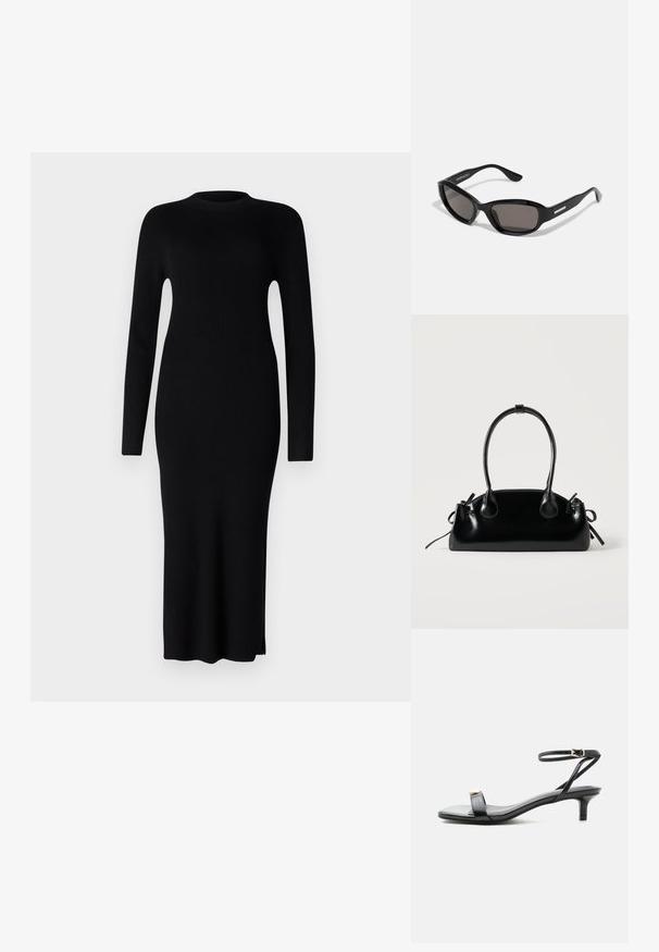 Schwarz geripptes Midikleid mit langen Ärmeln, rundem Halsausschnitt und seitlichem Schlitz. Hergestellt aus strukturiertem Strickstoff, figurbetonte Silhouette.; Schwarze Leder-Sandalette mit offenem Zehenbereich, niedrigem Kitten-Heel, dünnem Knöchelriemen mit goldfarbener Schnalle und dekorativem goldfarbenem Akzent am vorderen Riemen.; Schwarze Sonnenbrille mit rechteckigem Rahmen, dunklen Gläsern, glattem Kunststoffmaterial und einem metallischen Akzent am Bügel.; Kleine schwarze glänzende Handtasche mit zwei langen Griffen und seitlichen Kordelzug-Details vor einfachem hellem Hintergrund.