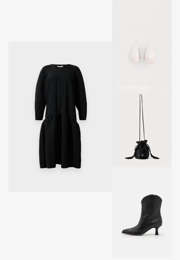 Robe midi noire texturée avec manches longues, taille froncée et col rond, présentée sur un fond blanc.; Botte de cow-boy en cuir noir avec un bout pointu, un petit talon et des coutures décoratives sur la tige et la zone des orteils. Texture lisse sur l'ensemble.; Sac seau noir à cordon avec une longue sangle fine et un petit logo carré doré sur le devant, présenté sur un fond uni.; Boucles d'oreilles en métal argenté en forme de goutte, avec une surface lisse et réfléchissante, présentant un design sans couture et sans embellissements visibles.