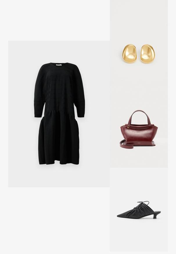 Vestido midi negro con textura, de mangas largas, cintura fruncida y escote redondo, exhibido sobre un fondo blanco.; Mules negros de cuero sin hebillas con punta afilada, textura recogida y un pequeño tacón de gato. Presentan un detalle de cordón en la abertura.; Bolso de cuero rojo oscuro con dos asas superiores, correa de hombro desmontable, herrajes dorados y el nombre de la marca Wandler en el centro delantero.; Pendientes de studs en color dorado con una forma suave y redondeada y una superficie reflectante, que exhiben un diseño minimalista y sin patrones visibles.