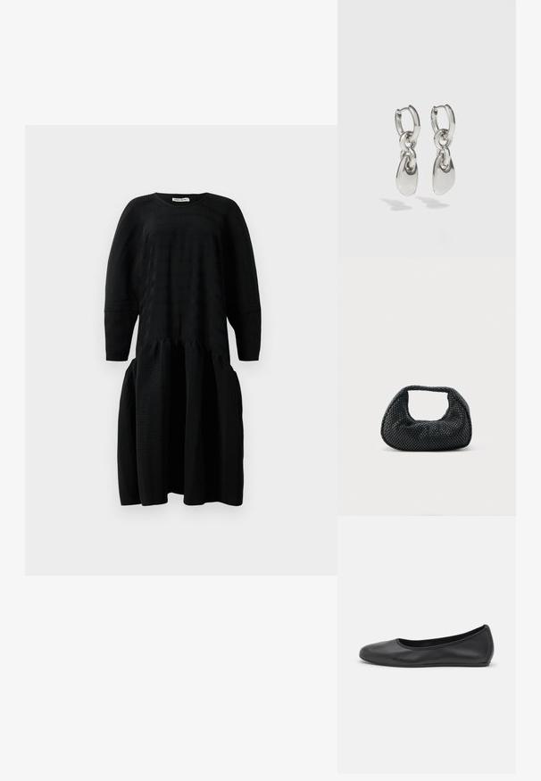 Schwarzes, strukturiertes Midikleid mit langen Ärmeln, geraffter Taille und rundem Halsausschnitt, vor einem weißen Hintergrund präsentiert.; Schwarze Leder-Ballettschuhe mit abgerundeter Spitze, glatter Textur, minimalen Nähdetails und einem flexiblen Sohlen-Design.; Schwarze gewebte Hobo-Tasche mit weicher Struktur und integriertem Griff, dargestellt vor einem schlichten hellen Hintergrund.; Silberne Creolen mit verlängerten ovalen Gliedern, die eine polierte Oberfläche und einen strukturierten Anhänger aufweisen. Einfaches Design mit glatten Kanten.