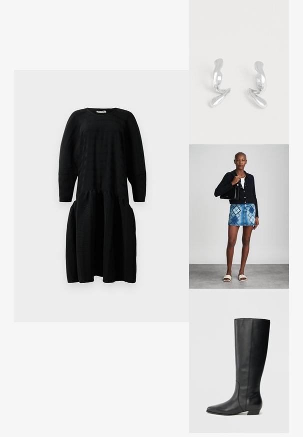 Vestido midi negro con textura, de mangas largas, cintura fruncida y escote redondo, exhibido sobre un fondo blanco.; Botas negras de cuero hasta la rodilla con punta puntiaguda y tacón bajo y ancho, que presentan una textura suave y un diseño limpio y estilizado.; Cárdigan negro de punto, blusa blanca, falda de mezclilla con patrón de diamantes en azul y negro, bolso negro y sandalias deslizantes beige.; Par de pendientes metálicos plateados brillantes con forma abstracta sobre un fondo blanco liso.