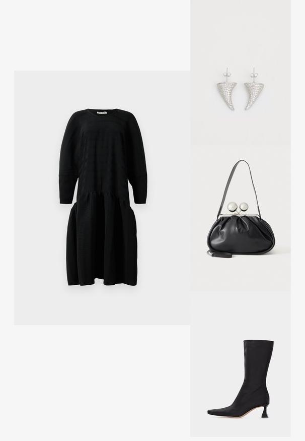 Vestido midi negro con textura, de mangas largas, cintura fruncida y escote redondo, exhibido sobre un fondo blanco.; Bota negra de cuero hasta la mitad de la pantorrilla con punta puntiaguda y tacón bajo curvado, sobre un fondo claro y liso.; Bolso de mano de cuero negro con diseño fruncido, una sola correa, marco metálico plateado y dos cierres grandes redondos de plata.; Pendientes en forma de cuerno plateado, engastados con pequeñas piedras transparentes, que cuentan con un cierre trasero para su sujeción. Textura suave y acabado metálico.