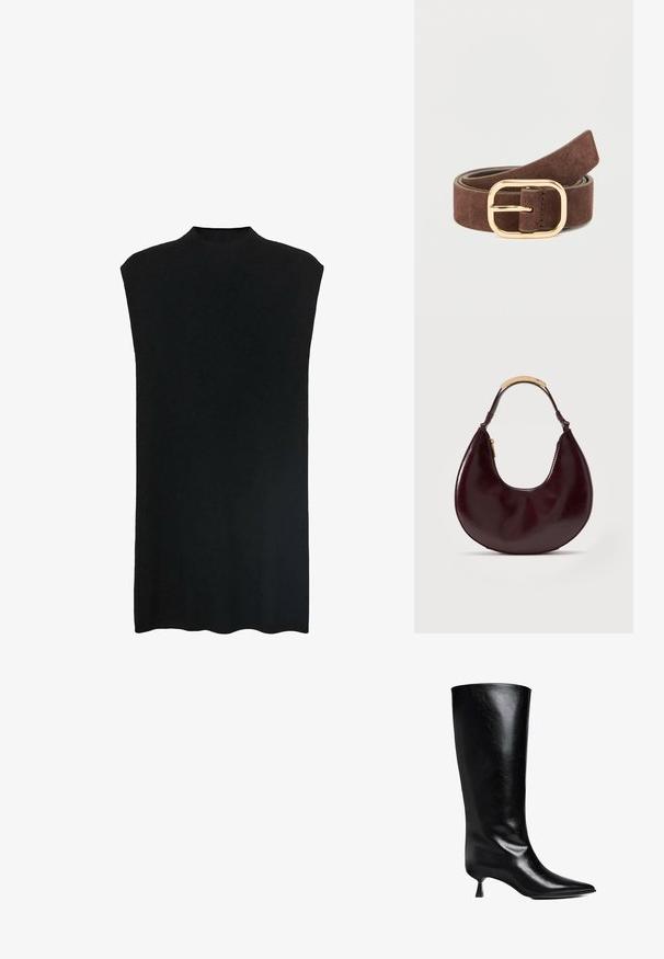Mustava sleeveless tunika, jossa on korkea kaula-aukko, pehmeä kangas, väljä malli ja suora siluetti. Helmassa on hieman kaareva muoto alhaalla.; Mustassa nahasta valmistetut polvipituiset saappaat, joissa on teräväkärkinen muotoilu, hoikka siluetti ja matala lohkarekorko, joka kiiltää.; Tummanruskea puolikuun muotoinen nahkalaukku, jossa on lyhyt kahva ja kultavärinen metallikoriste sekä sivuvetoketju.; Ruskea mokkanahkainen vyö suorakaiteen muotoisella kultaisella metallisoljella. Vyössä on sileä pinta ja se on suunniteltu kiinnitettäväksi vyötärölle.