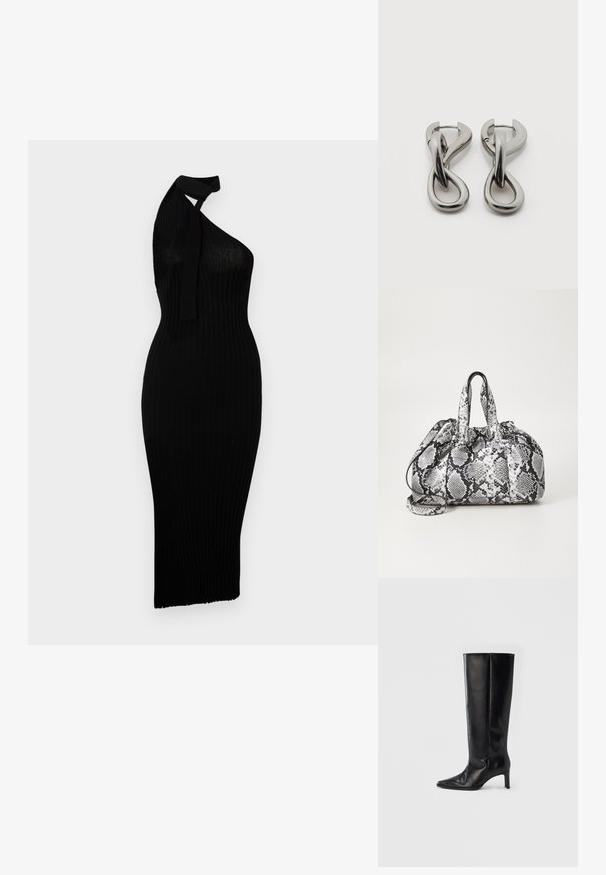 Vestido negro de canalé con un diseño de un solo hombro. Presenta una silueta ajustada y un dobladillo a la altura de la rodilla. Hecho de un tejido elástico.; Botas negras hasta la rodilla hechas de cuero suave, con punta puntiaguda y tacón delgado, con caña ajustada y diseño minimalista.; Bolso de mano con patrón de piel de serpiente en blanco y negro, con dos asas, un cierre de cordón y una correa para el hombro desmontable. Textura suave.; Par de pendientes de metal con acabado plateado y diseño abstracto de bucles entrelazados sobre un fondo blanco.