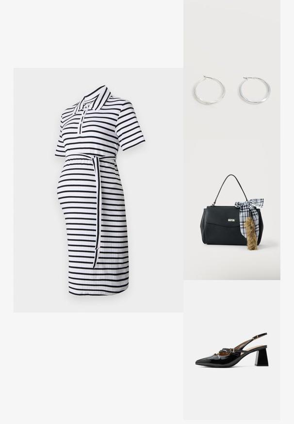 Schwangerschaftskleid mit kragenförmigem Ausschnitt, kurzen Ärmeln, schwarz-weißen horizontalen Streifen, tailliertem Schnitt mit gebundenem Gürtel und gerippter Textur.; Schwarzer Slingback-Schuh aus Lackleder mit spitzer Spitze, doppelten dünnen Riemen mit goldenen Schnallen und klobigem Blockabsatz.; Schwarze Handtasche mit einem oberen Griff, silberner Schnalle und einem schwarz-weiß karierten Band, das an einem braunen, pelzigen Schlüsselanhänger befestigt ist.; Silberne Metallcreolen mit glatter, leicht gebogener Oberfläche und Klappverschluss vor schlicht weißem Hintergrund.