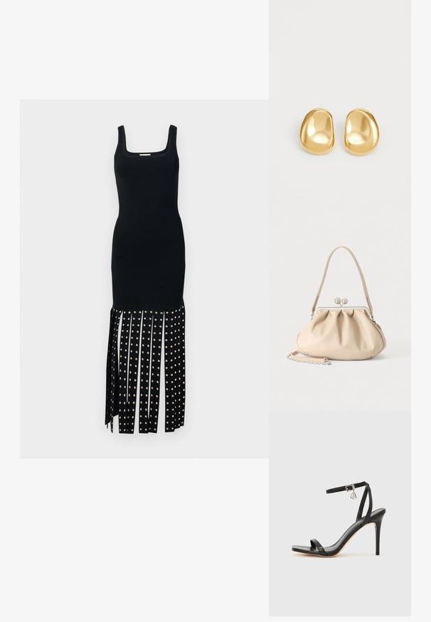 Robe midi noire sans manches avec encolure carrée et franges verticales cloutées au bas.; Sandale à talon haut noire avec une bride étroite à la cheville, bout carré, cuir lisse et accent de boucle métallique.; Sac à main en cuir souple beige avec un fermoir en métal argenté, une bandoulière simple et une bandoulière chaîne optionnelle sur fond blanc.; Boucles d'oreilles en forme de clou de couleur or, avec une forme lisse et arrondie et une surface réfléchissante, mettant en avant un design minimaliste sans motifs visibles.