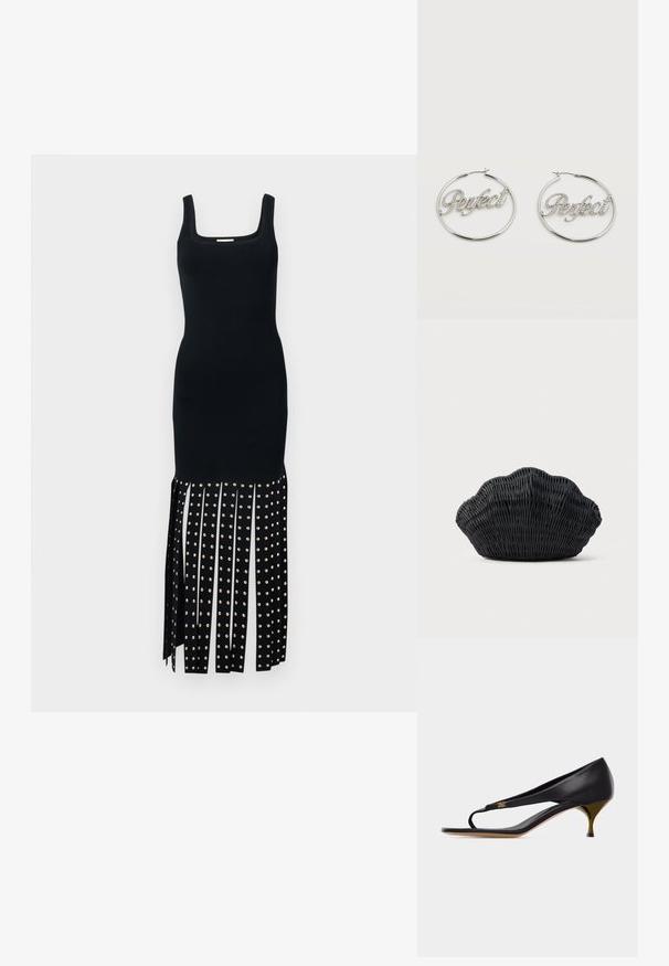 Robe midi noire sans manches avec encolure carrée et franges verticales cloutées au bas.; Sandale à talon kitten en cuir noir avec fine bride sur les orteils et détail d'emblème doré sur le côté.; Sac à main en osier noir en forme de coquille Saint-Jacques avec un dessus courbé et une texture tressée sur un fond uni.; Boucles d'oreilles créoles en argent avec le mot « Parfait » épelé en strass à l'intérieur de chaque créole sur un fond blanc.