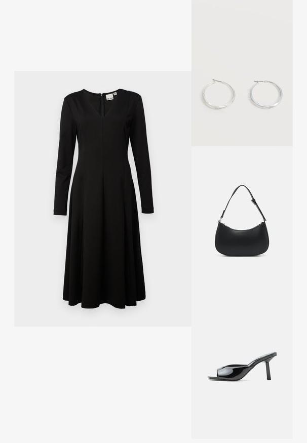 Robe noire à manches longues avec décolleté en V, corsage cintré, jupe évasée en A et fermeture éclair au dos. Fabriquée en tissu lisse et léger.; Mule ouverte à orteils noirs brillants avec un talon carré mi-haut et une bride incurvée sur le devant, sur fond blanc.; Pieces PCALUANA SHOULDER BAG - Sac à main - black; Boucles d’oreilles créoles en métal argenté avec une surface lisse légèrement incurvée et des fermoirs à clapet sur un fond blanc uni.