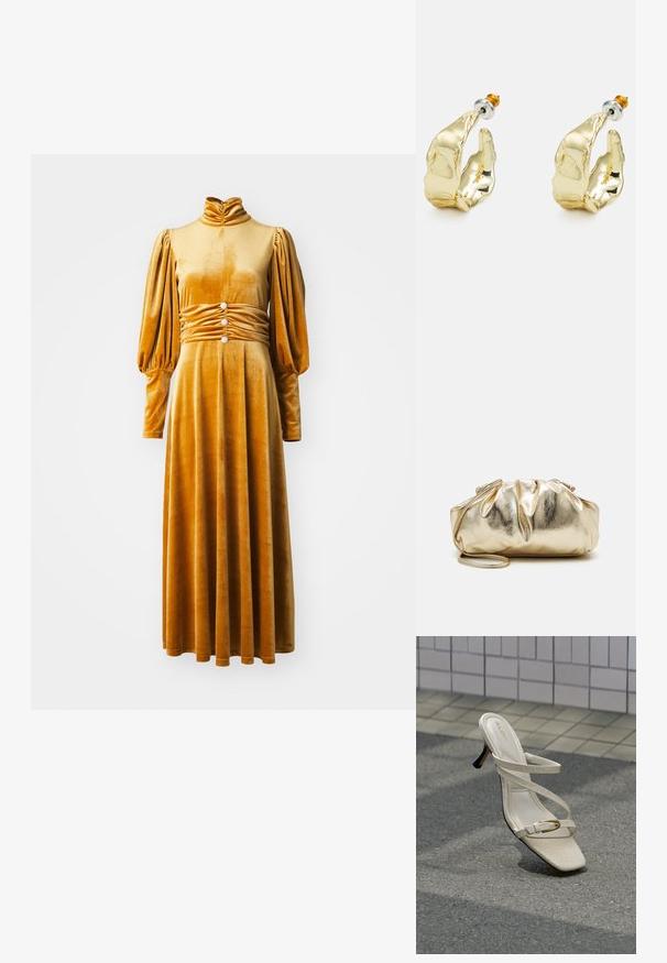 Senfgelbes Samtkleid mit hohem Kragen, puffigen langen Ärmeln und gerafftem Taillenbereich, der mit drei dekorativen Knöpfen verziert ist. Bodenschwingendes Design.; Beige High-Heel-Sandale mit dünnen Riemchen und kleiner goldener Schnalle, präsentiert auf strukturiertem Pflaster vor einem gefliesten Wandhintergrund.; Goldfarbene metallische Clutch-Tasche mit einer gekräuselten Textur, weicher runder Form und einem abnehmbaren Kettenriemen. Verfügt über ein gerafftes Design an der Oberseite.; Goldfarbene Ohrringe in Form abstrakter Hände, mit einer glänzenden Oberfläche, filigranen Details und einem Silber- und Goldstift für sicheren Halt.