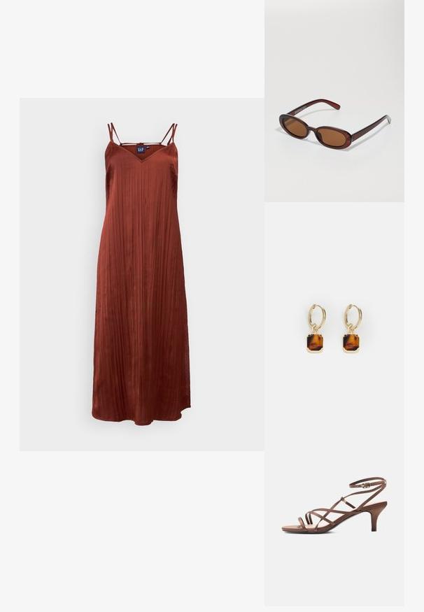 Robe maxi sans manches couleur rouille avec un col en V et un design plissé, fabriquée en tissu doux. Présente des bretelles réglables fines.; Sandale marron à fines brides, boucle à la cheville et talon de hauteur moyenne, vue de côté sur fond blanc.; Lunettes de soleil rondes teinte brun avec une monture bordeaux brillante. Branches fines avec un détail de marque subtil. Design de verres plats.; Lauren Ralph Lauren HOOP DROP - Boucles d'oreilles - gold-coloured/brown