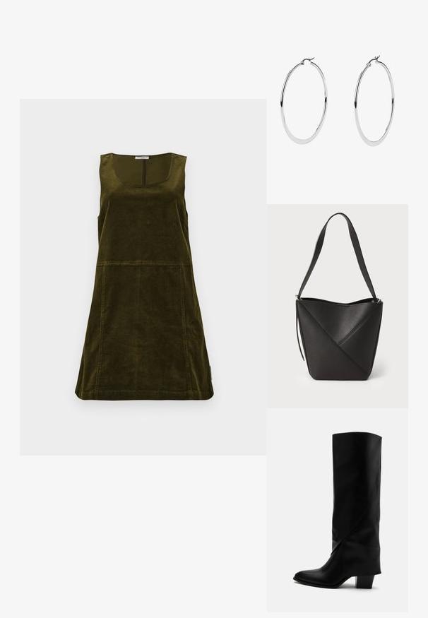 Robe en velours côtelé de couleur vert olive foncé, présentant un décolleté en scoop, un design sans manches et une coupe évasée avec des détails de coutures visibles.; Botte haute en cuir noir avec couture inclinée, bout pointu et talon épais de taille moyenne sur fond blanc.; Sac en cuir noir en forme de seau avec un design de couture diagonale, une bandoulière unique et un dessus ouvert, présentant une texture lisse.; De grandes boucles d'oreilles en argent avec une finition métallique polie, présentant un design circular lisse et un fermoir à clip sécurisé.