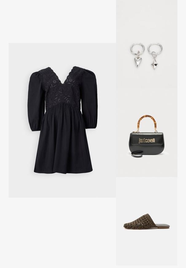 Robe noire avec un décolleté en V, des manches bouffantes et un buste brodé complexe. La jupe est évasée avec une texture lisse.; Mule tissée marron à enfiler avec une semelle plate et un bout fermé arrondi sur fond blanc.; Sac à main en cuir noir avec logo doré "Just Cavalli" sur le devant et poignée incurvée en bambou, équipé d'une longue bandoulière amovible.; Boucles d'oreilles en argent en forme de créoles, ornées d'un cœur et d'un pendentif en forme de diamant. Texture lisse avec une finition polie.