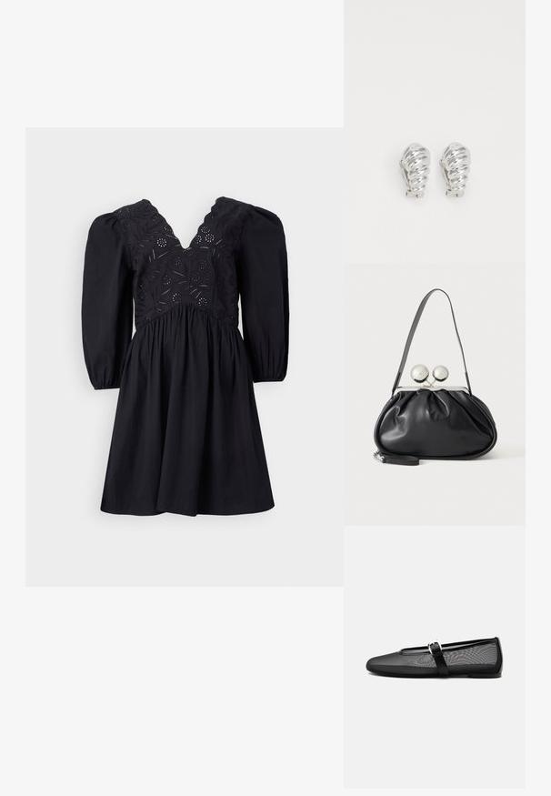 Schwarzes Kleid mit V-Ausschnitt, puffärmel und aufwändig besticktem Mieder. Der Rock ist ausgestellt und hat eine glatte Textur.; Schwarzer Netz-Ballerinaschuh mit rundem Zehenbereich und verstellbarem Mary-Jane-Riemen mit silberner Schnalle, auf schlichtem hellgrauem Hintergrund.; Schwarze Ledertasche mit gerafftem Design, einem einzelnen Riemen, silbernem Metallrahmen und zwei großen runden silbernen Verschlüssen.; Silberne Clip-On-Ohringe mit spiralförmigem Design, das eine glatte metallische Textur und abgerundete Formen aufweist. Keine sichtbaren Verzierungen oder Muster.