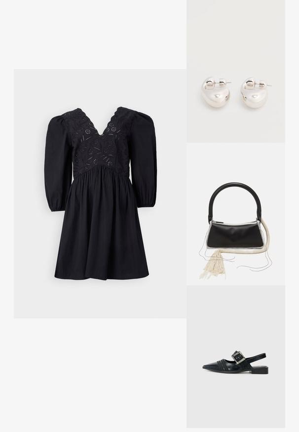 Mustapuku, jossa on V-aukko, puffihihat ja monimutkaisesti brodeerattu pukuosa. Hame on levenevä ja siinä on sileä tekstuuri.; Melissa LADYLIKE - Ballerinat - black; Musta nahkalaukku, jossa on pyöreä kahva, hopeinen vetoketju, valkoinen turkisreunus ja pitkä kerma-tupsu kiinnitettynä eteen.; Pari kiiltäviä hopeisia paksuja rengaskorvakoruja, joissa on tikkulukot, valkoisella taustalla.
