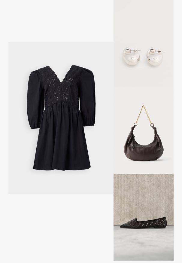 Robe noire avec un décolleté en V, des manches bouffantes et un buste brodé complexe. La jupe est évasée avec une texture lisse.; Chaussure plate noire à bout pointu avec motif géométrique ajouré, présentée sur une surface beige près d'un meuble translucide couleur ambre.; Sac à bandoulière en cuir marron foncé doux avec des extrémités nouées et une courte chaîne dorée, sur un fond clair uni.; Paire de boucles d'oreilles argentées brillantes et épaisses avec fermoirs à tige, sur fond blanc uni.