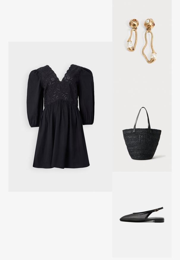 Sort kjole med V-hals, pufærmer og intrikat broderet krop. Skørtet er flagrende med en glat tekstur.; Sort slingback flad sko med spids tå, mesh overdel, justerbar spænde rem og lav stablet hæl på hvid baggrund.; Sort vævet tote taske med to tynde læderhåndtag og et diskret fletlogo foran, stående mod en lys baggrund.; Øreringe i guldtone med uregelmæssige åbne former, hver med en perle i bunden og ædelstensdetaljer på de runde nitter.